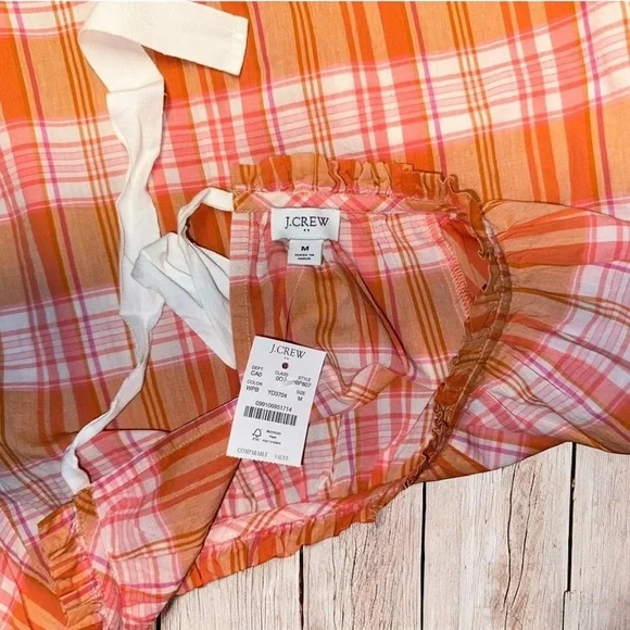 J. Crew Madras Plaid Ruffle Tie-Back 100% Cotton Orange Blouse Top ~ M ~ NWT - Picture 3 of 9